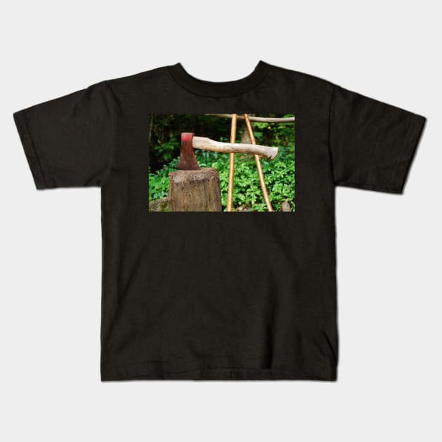 Old Axe on Wood Block Kids T-Shirt by jojobob